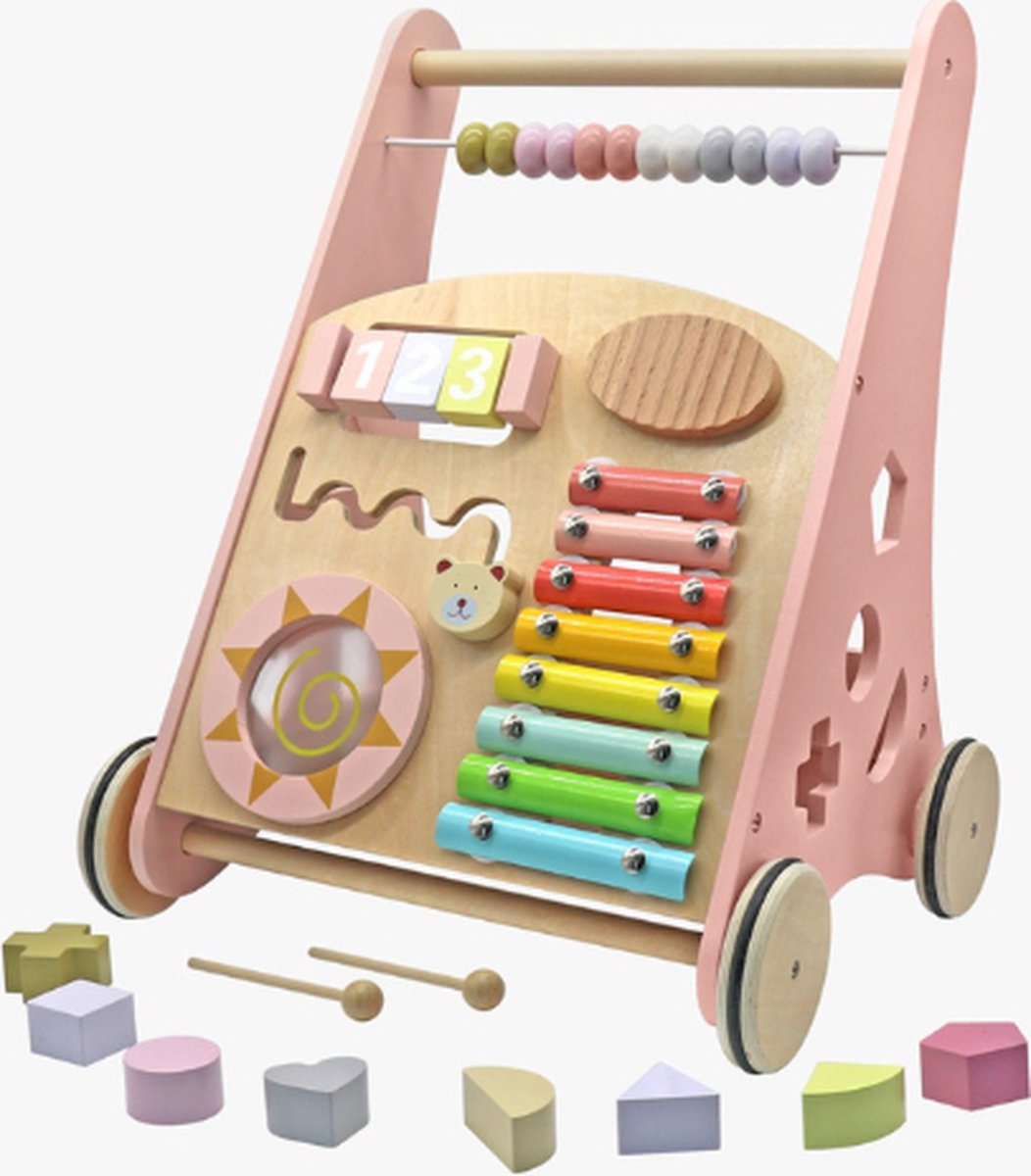   Loopwagen Hout voor Baby +/- 1 jaar | Babywalker | Educatieve looptrainer | Anti-Slip wieltjes | 38 x 32 x 46cm – Roze